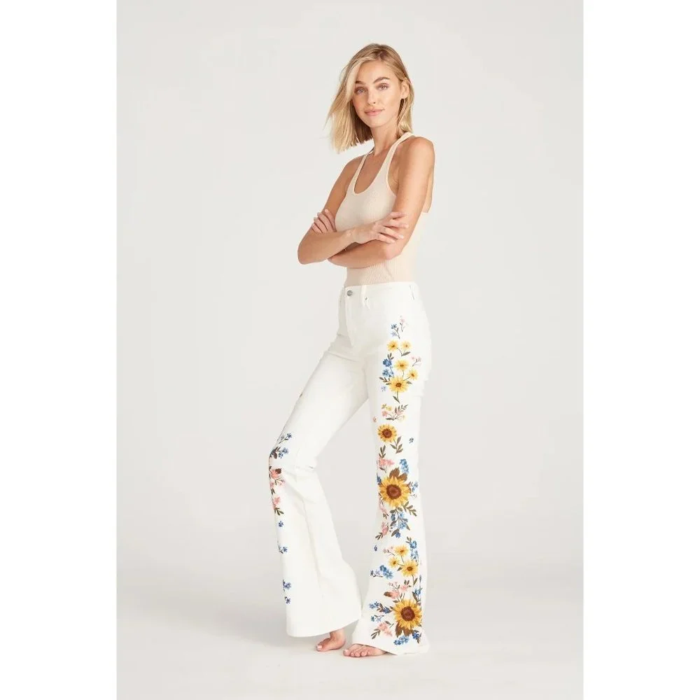 Free People Driftwood Farrah Flare - White Sunflower Jeans Womens Size 33 New